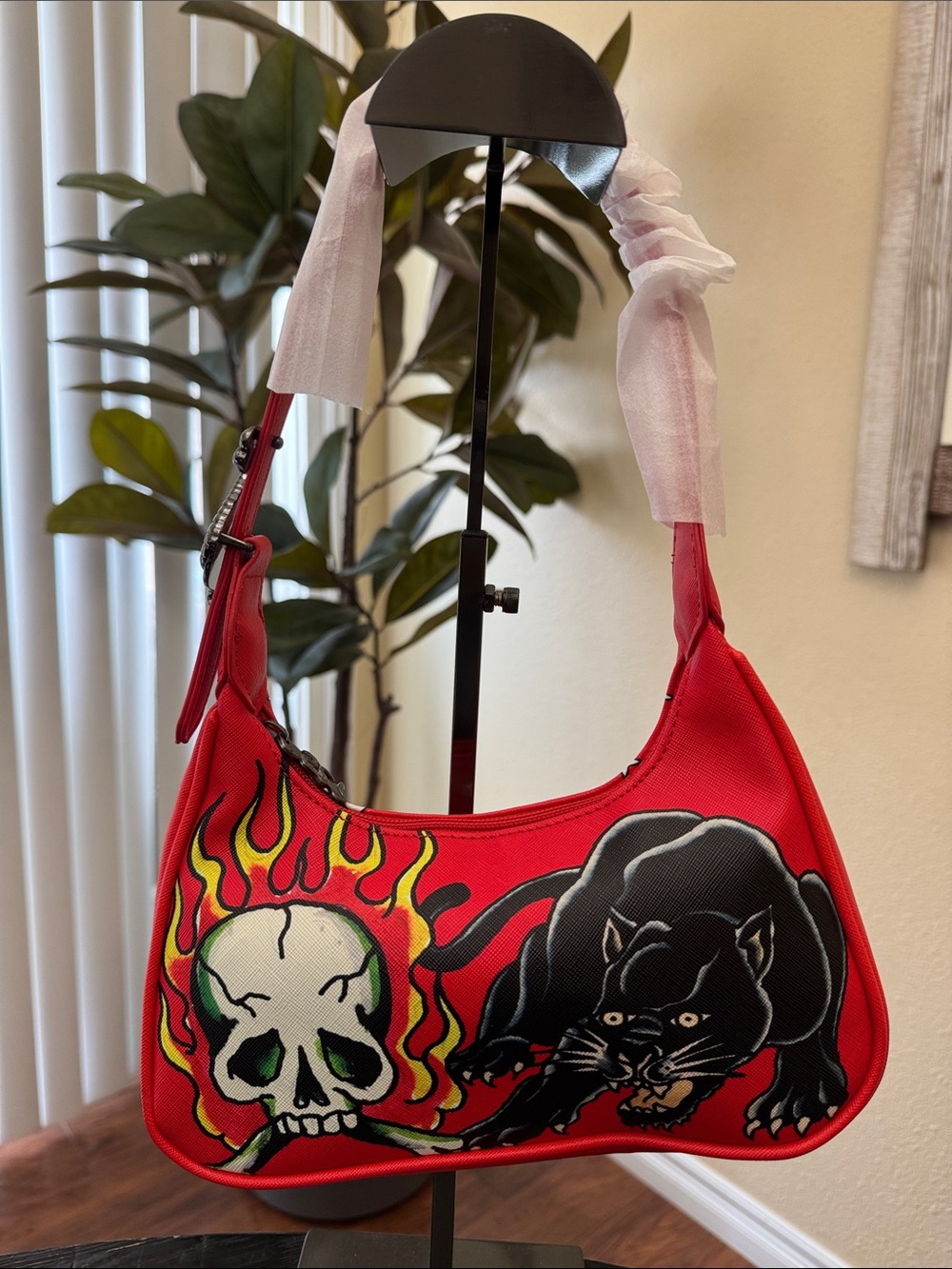 Ed Hardy x Siberia Red Graphic Skull & Panther Print Small Shoulder Bag